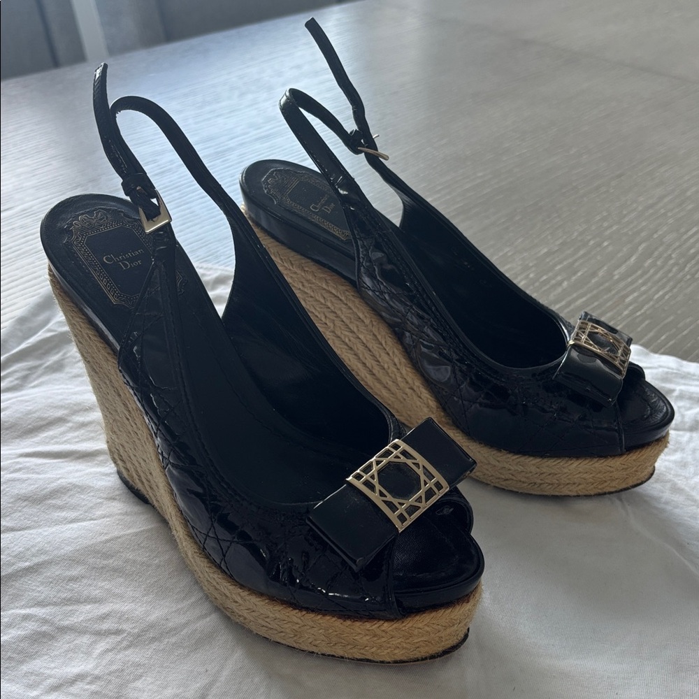 Christian Dior Black Wedge Heels with Silver Buckle